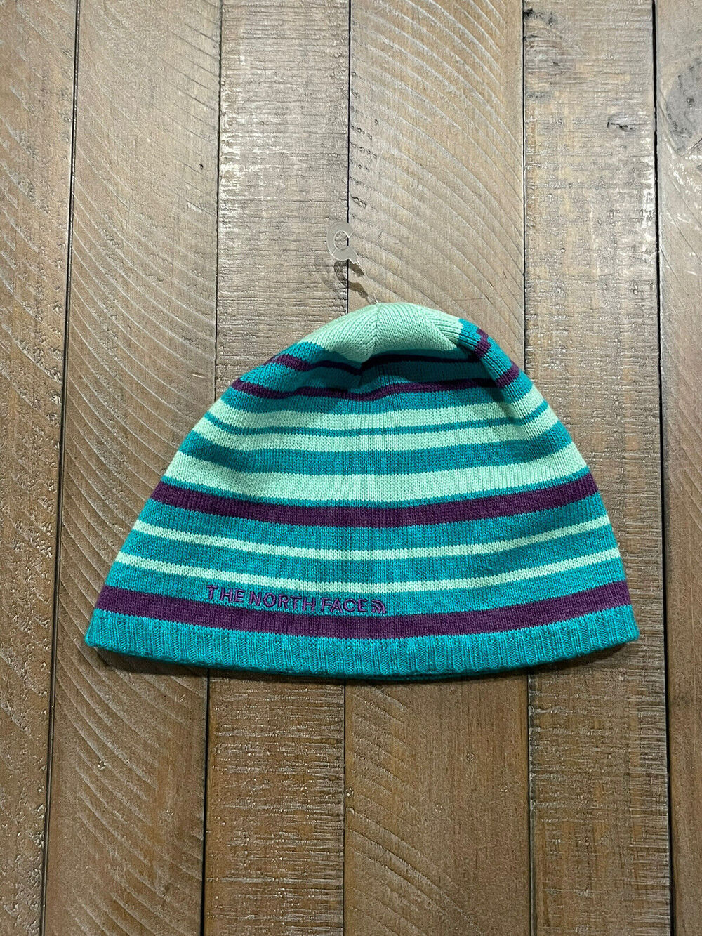 The North Face Youth Medium Winter Beanie Teal Purple Striped YOUTH MEDIUM